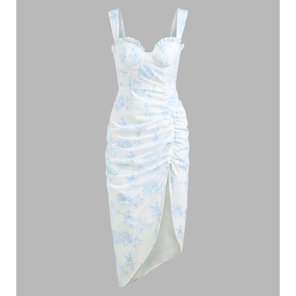 Floral Ruffle Toile de Jouy Midi Dress